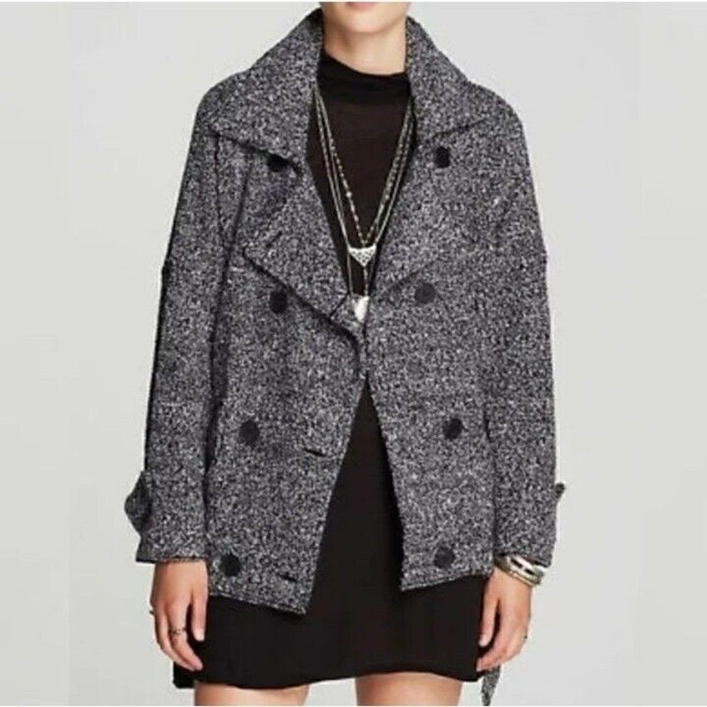 Free People Slouchy Moto Jacket - Belted Trench Pea Coat Black marled SMALL